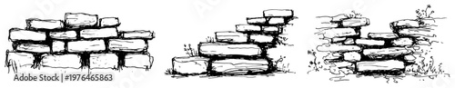 Stone wall construction and masonry steps sketch illustration