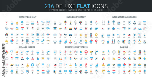 Comprehensive flat icon collection covering market economy, business strategy, international business, finance income, investing, and banking topics isolated vector illustration