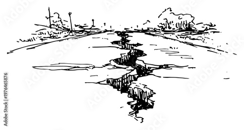 Cracked asphalt road damaged by earthquake or natural disaster in hand drawn sketch style