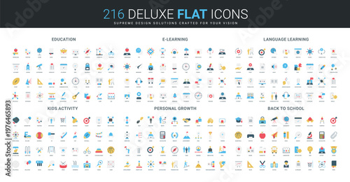 Comprehensive flat icon collection covering education, e-learning, language, kids activities, personal growth, and back to school themes, modern colorful isolated vector illustration