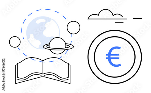 Space exploration, global education, financial literacy, planetary science, knowledge sharing, economic growth. Illustration of a planet, open book and Euro currency icon. Space exploration