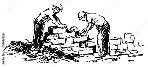 Bricklayers building a stone wall on a construction site in a hand drawn sketch style