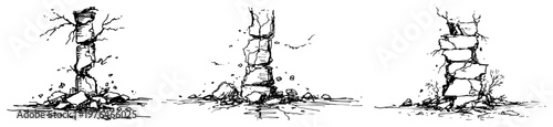 Foto Crumbling stone pillars and ancient wall ruins shown in sequences in a hand draw