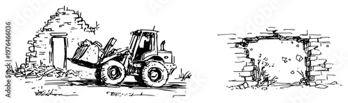 Bulldozer clearing debris and a jagged hole in a brick wall in a hand drawn sketch style