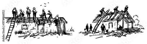 Construction workers building a wooden roof frame on a new house in a hand drawn sketch style