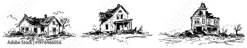 Abandoned old houses in ruined state for horror or apocalypse themes in hand drawn sketch style