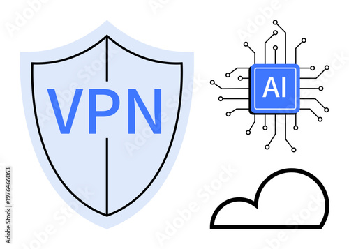 Data security, cloud computing, artificial intelligence, privacy protection, networking, technology innovation. Shield with VPN text, AI microchip and cloud. Data security and cloud computing