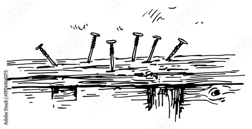 Rows of metal nails driven into wooden plank for carpentry work in hand drawn sketch style