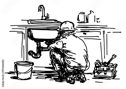 Plumber fixing water leak under kitchen sink with tool box in hand drawn sketch style