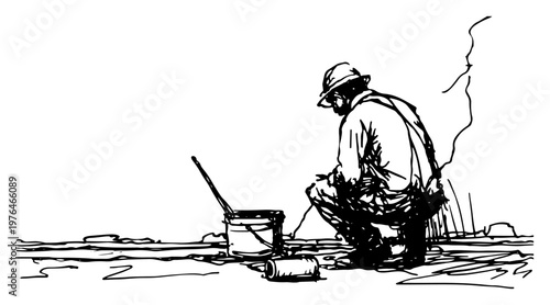Construction worker squatting while working on floor surface with bucket in hand drawn sketch style