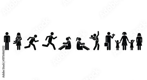 A sequence of black stick figures illustrates various stages of human life and family dynamics