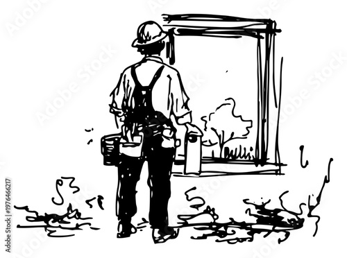 Construction worker in overalls looking through window frame in hand drawn sketch style