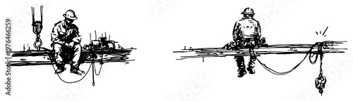 Ironworkers sitting on high steel beams at construction site in hand drawn sketch style