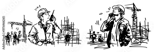 Site manager communicating via radio at construction site with cranes in hand drawn sketch style