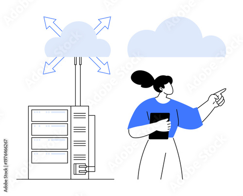 Cloud technology, data storage, internet services, digital networking, server systems, cloud computing. A woman pointing towards a cloud with icons. Cloud technology and data storage concept