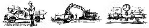 Industrial utility infrastructure with excavator and pipeline workers hand drawn sketch