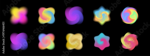 Abstract gradient shapes bloom with vibrant blue and yellow neon hues, blurred mesh textures, and soft Y2K aesthetic creating an ethereal background with organic flowing forms.