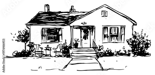 Suburban bungalow house with garden landscape in hand drawn sketch style