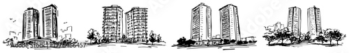 Modern high-rise apartment buildings and skyscrapers in hand drawn sketch style