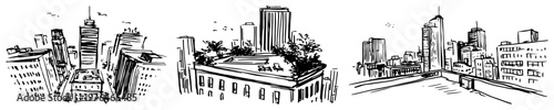 Urban city skyline and rooftop garden terrace in hand drawn sketch style
