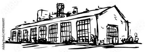 Industrial factory building or large warehouse exterior in hand drawn sketch style