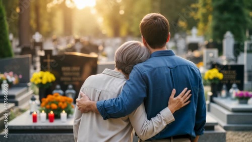 Rear view of a mother and son hugging in a cemetery at sunset. Family mourning and comforting each other near graves with candles. Grief and remembrance concept