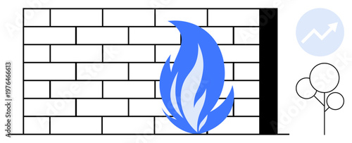 Network security, cyber defense, digital protection, data safety, online privacy, internet access control. A flame in front of a brick wall alongside a graph and tree elements. Network security