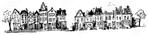 Traditional row houses and classic townhouses in hand drawn sketch style