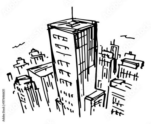 Tall city office buildings and urban skyscrapers in hand drawn sketch style