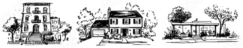 Suburban houses and family homes in various architectural styles in hand drawn sketch style