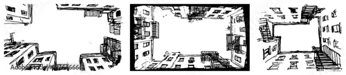 City buildings and urban architecture viewed from below in hand drawn sketch style