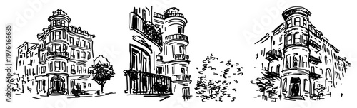 European city buildings with ornate facades and balconies hand drawn sketch
