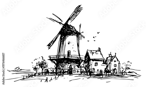 Traditional windmill in rural landscape with small farmhouses hand drawn sketch