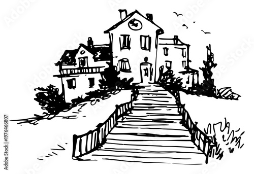 Large house on a hill with a long staircase path in a hand drawn sketch style