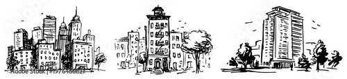 City buildings and skyscraper set in hand drawn sketch style