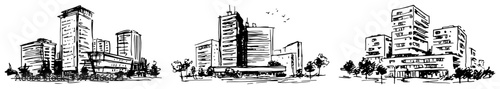 Modern office buildings and residential complexes in hand drawn sketch style