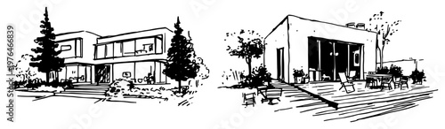 Modern minimalist houses with terraces and glass walls in hand drawn sketch style