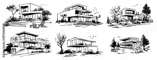 Modern house architectural designs collection in hand drawn sketch style