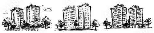 Residential apartment blocks and city buildings in hand drawn sketch style