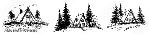 Cozy wooden cabins and A-frame houses in forest in hand drawn sketch style