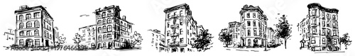 Apartment buildings and classic townhouse facades set sketch illustration