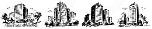 Modern skyscrapers and office buildings in urban business district hand drawn sketch