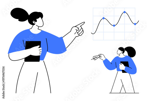 Data analysis, business presentation, strategy planning, financial growth, professional development, statistics. Woman pointing at chart with a tablet. Data analysis and business presentation