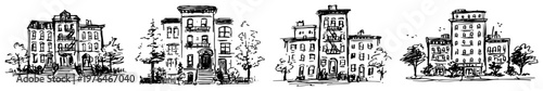 Classic urban apartment buildings with brick facades and city architecture hand drawn sketch
