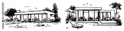 Modern minimalist luxury villas with contemporary flat roof design hand drawn sketch