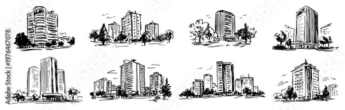Modern office towers and residential high rise buildings set sketch illustration