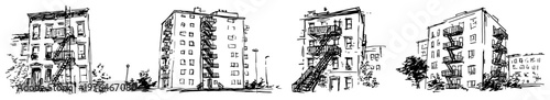 Residential apartment blocks with fire escapes in urban city neighborhood hand drawn sketch