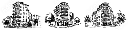 Classic European apartment buildings and ornate townhouse facades sketch illustration