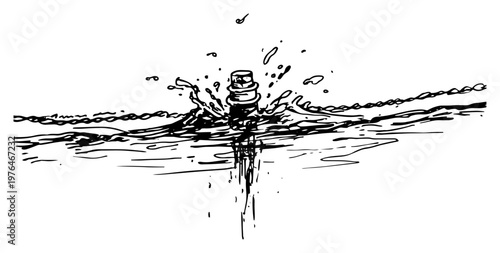 Submarine periscope emerging from ocean water surface with splash hand drawn sketch