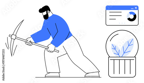 Data mining, analytics, environment, sustainability, productivity, futuristic business. Man using pickaxe, dashboard and eco-themed display. Data mining and analytics visualization